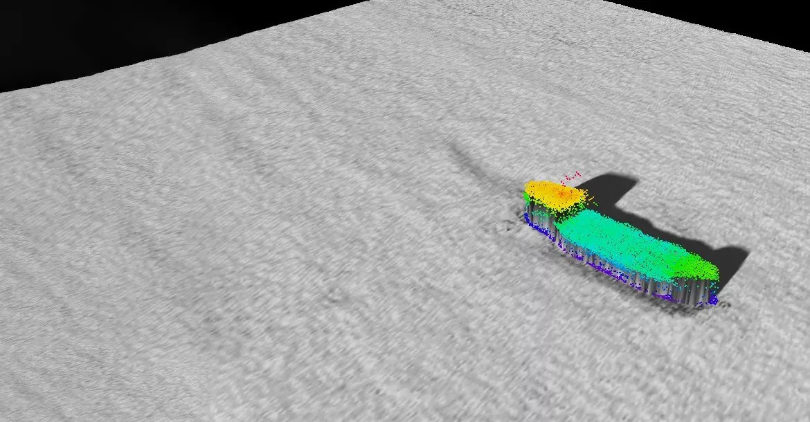 Bathymetric (seafloor) mapping showing the starboard view of the wreck of MV Blythe Star.